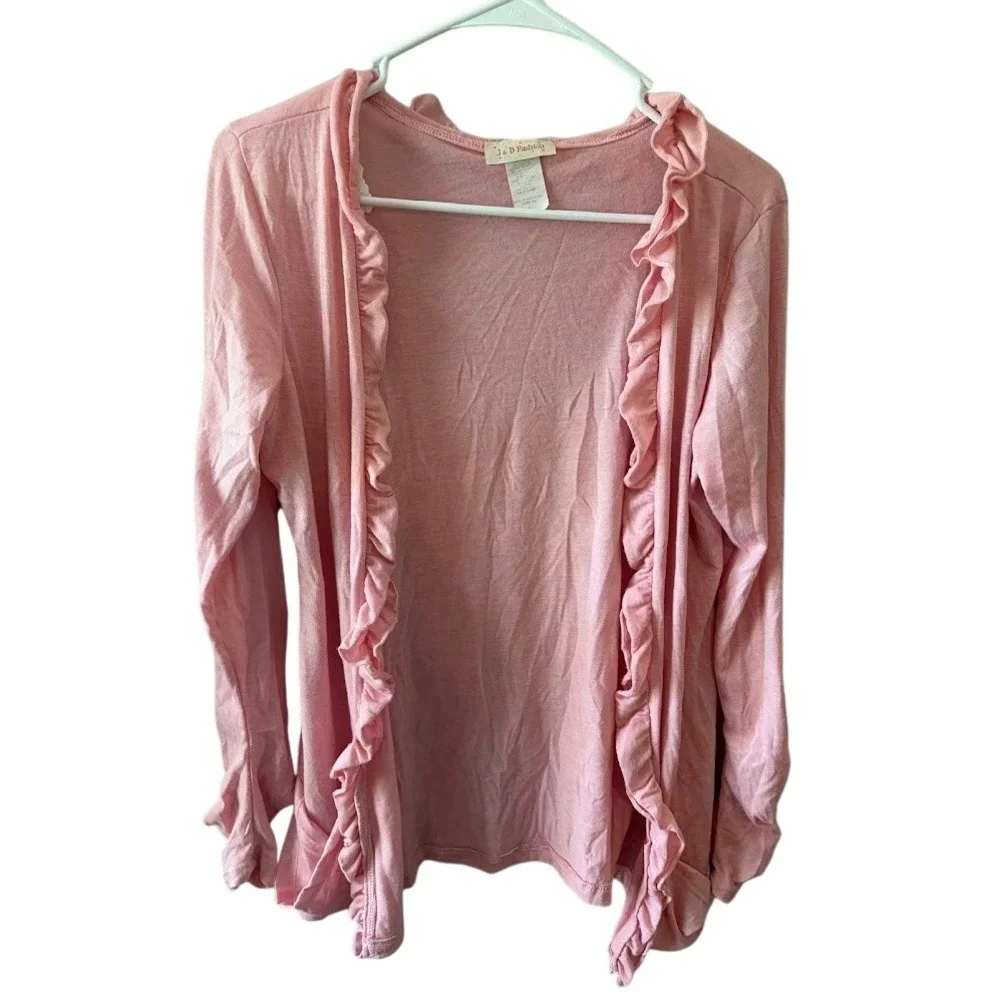 J & D Fashion Pink Ruffle Trim Open Front Cardigan Lightweight Knit‎ Large